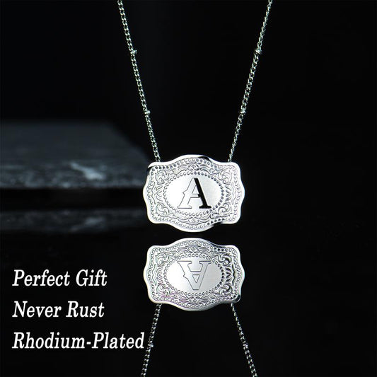 Luminacore Initial Letter Pendant Necklace with Embossed Belt Buckle, 2 Chains Included, Rhodium-Plated, Tarnish-Resistant, 18" Extender Length
