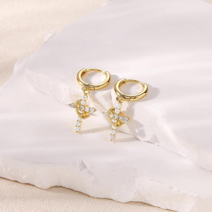 Fashionable Gold Crown Cross Pendant Earrings for Women with Diamond-like Sparkling Zircon