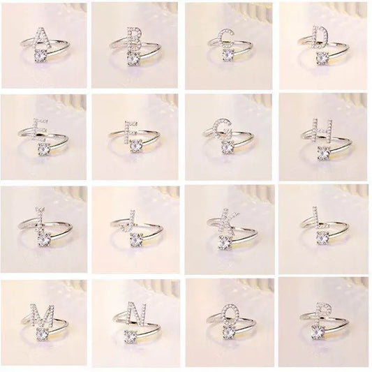 26 Letters Silver Fashionable Couple's Open Ring with Zircon