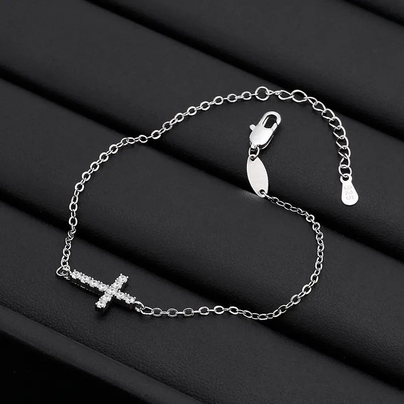Silver Cross Bracelet with Diamond-like Zircon Stones