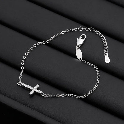 Silver Cross Bracelet with Diamond-like Zircon Stones