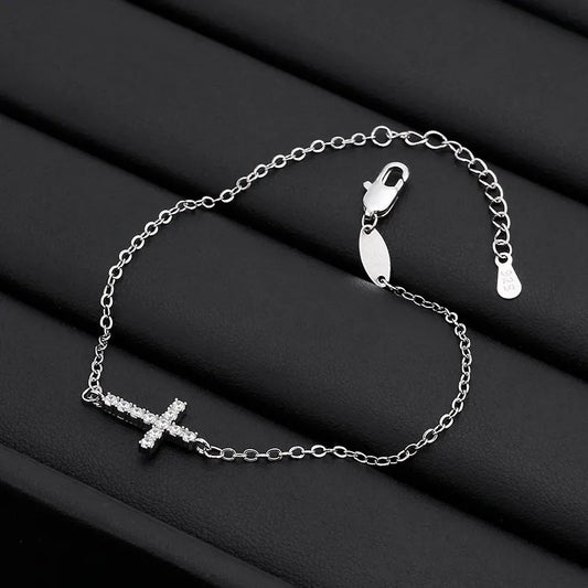 Silver Cross Bracelet with Diamond-like Zircon Stones