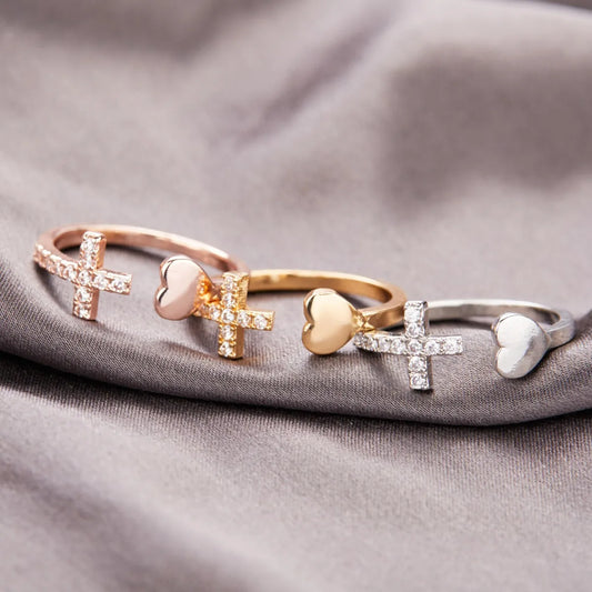 Gold, Silver, and Rose Gold Cross and Heart Open Ring with Diamond-like Sparkling Zircon