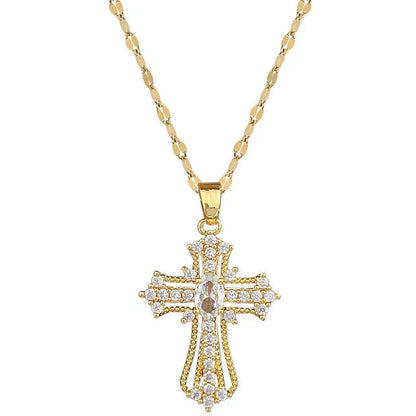 Gold Cross Fashion Pendant Necklace with Diamond-like Sparkling Zircon