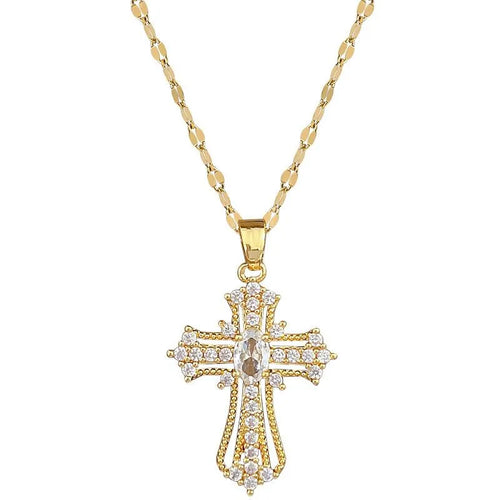 Gold Cross Fashion Pendant Necklace with Diamond-like Sparkling Zircon