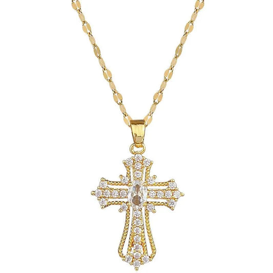 Gold Cross Fashion Pendant Necklace with Diamond-like Sparkling Zircon