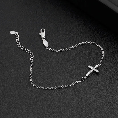 Silver Cross Bracelet with Diamond-like Zircon Stones