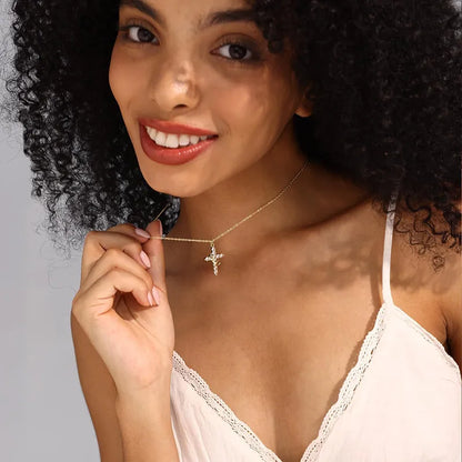 Gold and White Cross Rotating Crown Pendant Necklace with Full Diamond-Zircon Design