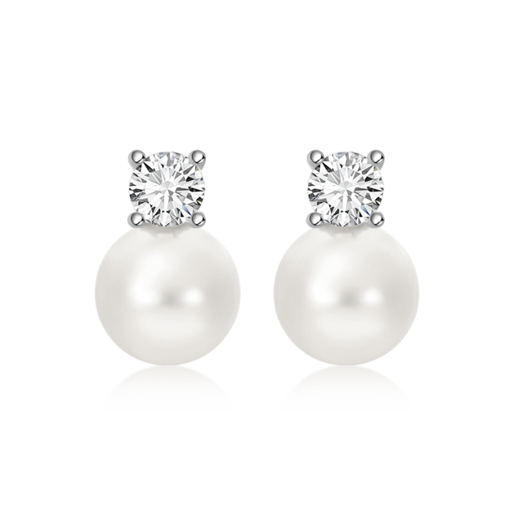 Silver 10-12mm Classic Pearl Stud Earrings with Diamond-like Sparkling Zircon