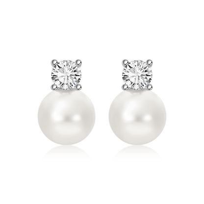 Silver 10-12mm Classic Pearl Stud Earrings with Diamond-like Sparkling Zircon
