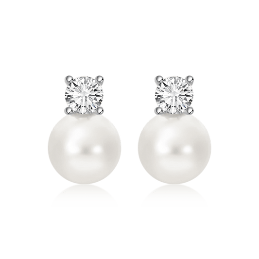 Silver 10-12mm Classic Pearl Stud Earrings with Diamond-like Sparkling Zircon