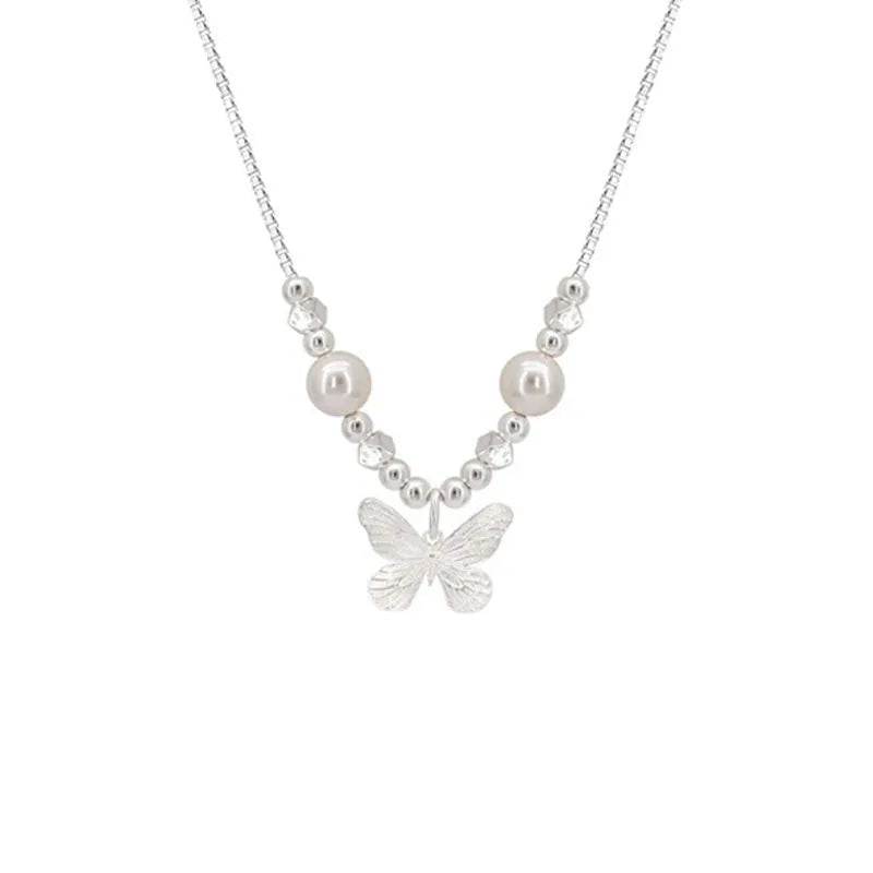 Silver Butterfly Pearl Pendant Necklace – Light Luxury Fashion Birthday Gift