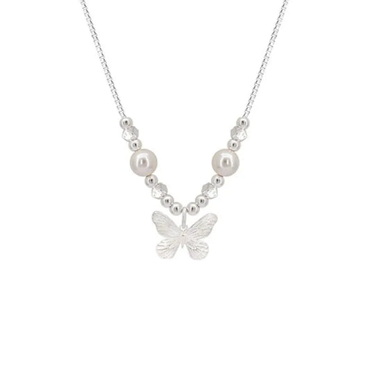 Silver Butterfly Pearl Pendant Necklace – Light Luxury Fashion Birthday Gift