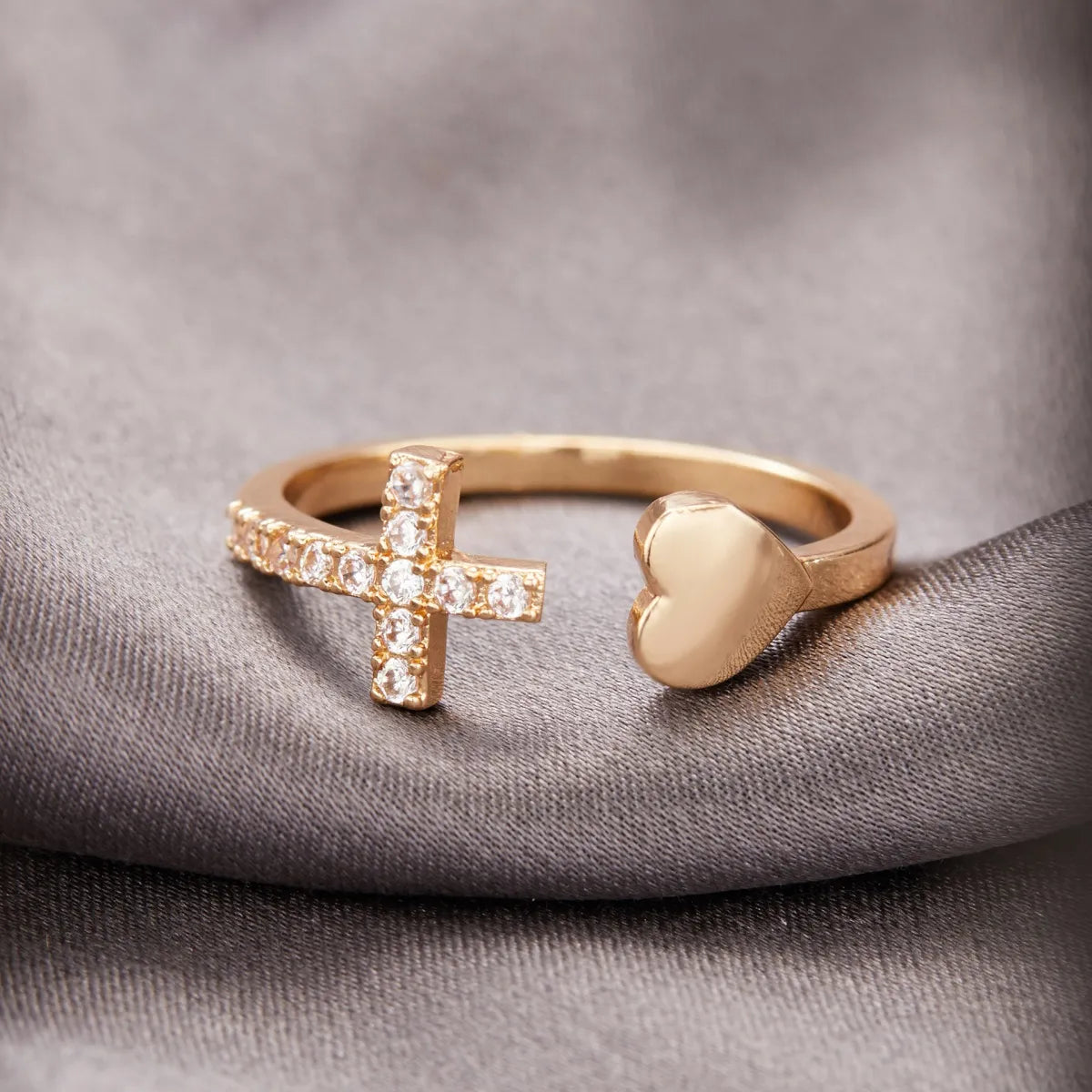 Gold, Silver, and Rose Gold Cross and Heart Open Ring with Diamond-like Sparkling Zircon