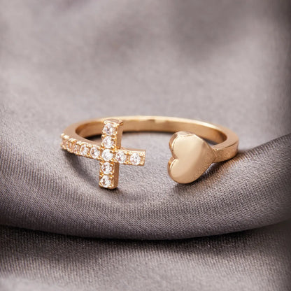 Gold, Silver, and Rose Gold Cross and Heart Open Ring with Diamond-like Sparkling Zircon