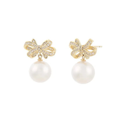 Gold 10mm Freshwater Pearl Bowknot Light Luxury Fashion Earrings with Diamond-like Sparkling Zircon