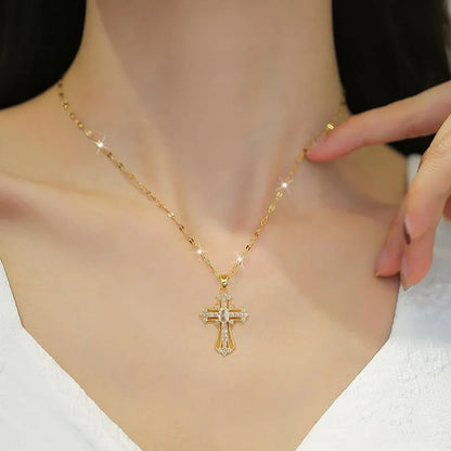 Gold Cross Fashion Pendant Necklace with Diamond-like Sparkling Zircon