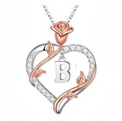 Silver Personalized Rose Letter Heart Pendant Necklace with Diamond-like Sparkling Zircon