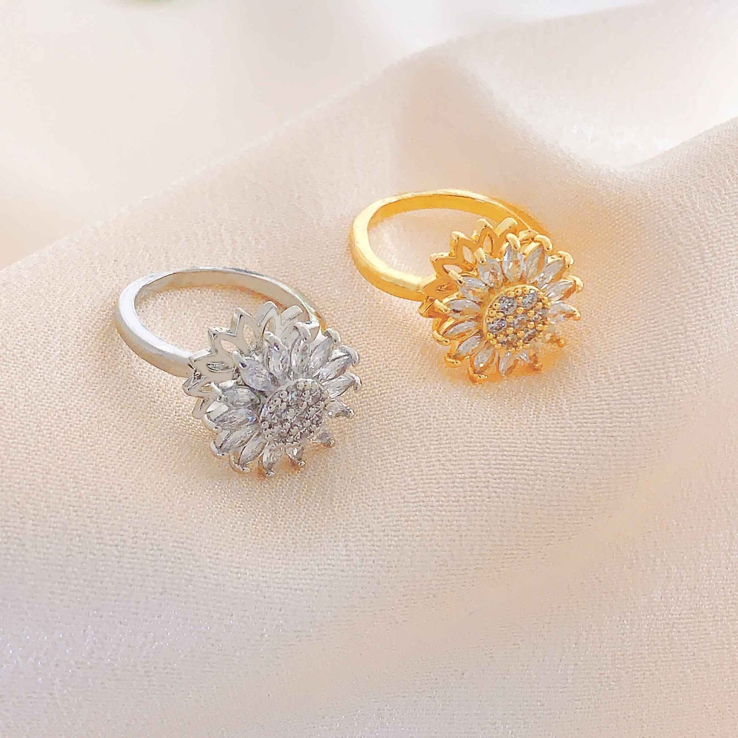 Women's Gold and Silver Spinning Sunflower Open Ring – Stress Relief and Relaxing Jewelry