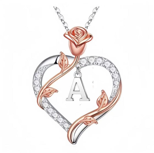 Silver Personalized Rose Letter Heart Pendant Necklace with Diamond-like Sparkling Zircon