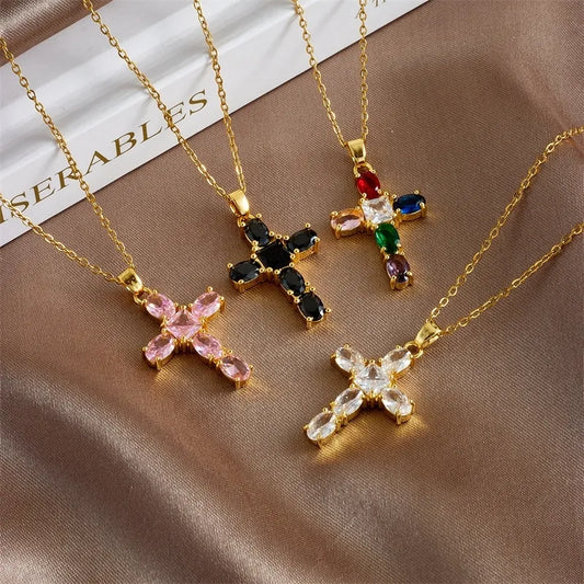 Gold Zircon Cross Fashionable Versatile Personalized Pendant Necklace