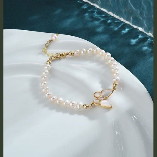 Elegant Mother-of-Pearl Butterfly 8mm Freshwater Pearl Bracelet