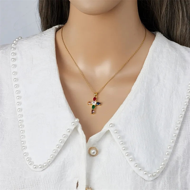 Gold Zircon Cross Fashionable Versatile Personalized Pendant Necklace