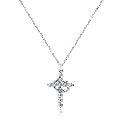 Gold and White Cross Rotating Crown Pendant Necklace with Full Diamond-Zircon Design