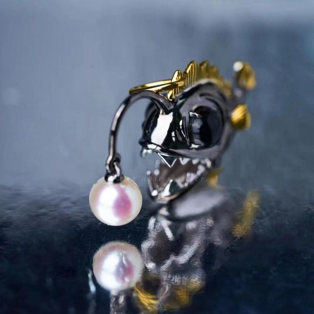 Silver Anglerfish Pendant Necklace with 6mm Freshwater Pearl