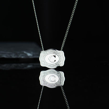 Luminacore Initial Letter Pendant Necklace with Embossed Belt Buckle, 2 Chains Included, Rhodium-Plated, Tarnish-Resistant, 18" Extender Length