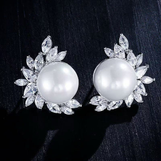 Silver 6mm Round Pearl Versatile Leaf Design Earrings with Diamond-like Sparkling Zircon