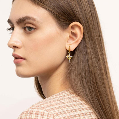 Fashionable Gold Crown Cross Pendant Earrings for Women with Diamond-like Sparkling Zircon