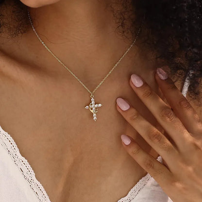 Gold and White Cross Rotating Crown Pendant Necklace with Full Diamond-Zircon Design