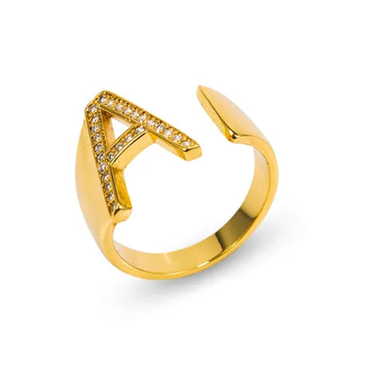 Personalized 26 Letters Gold Fashion Couple Ring with Diamond-like Sparkling Zircon