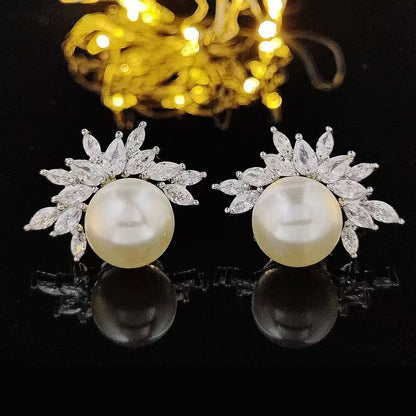 Silver 6mm Round Pearl Versatile Leaf Design Earrings with Diamond-like Sparkling Zircon
