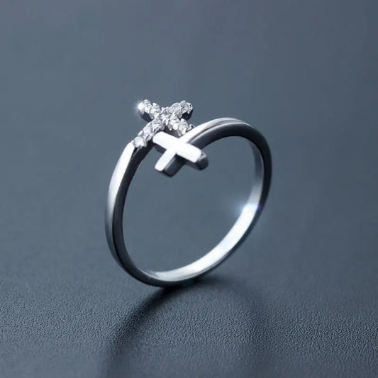 Silver Double Cross Fashion Open Ring with Diamond-like Sparkling Zircon
