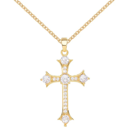 Gold Cross Pendant Necklace with Diamond-like Sparkling Zircon